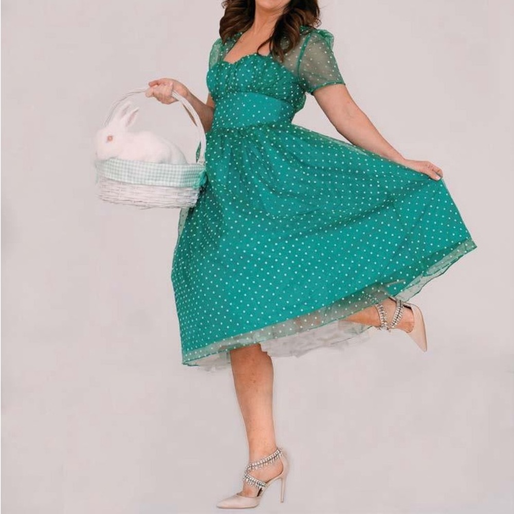 Unique vintage Green Polka Dot Dress with Sheer Overlay 1X 16